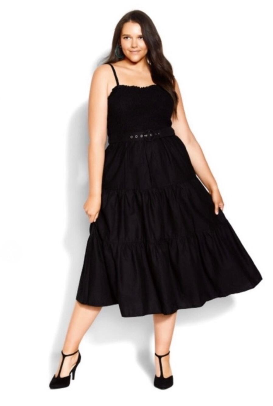City Chic women’s plus Maxi Shirred Sunset belted black dress NWT (size 14)